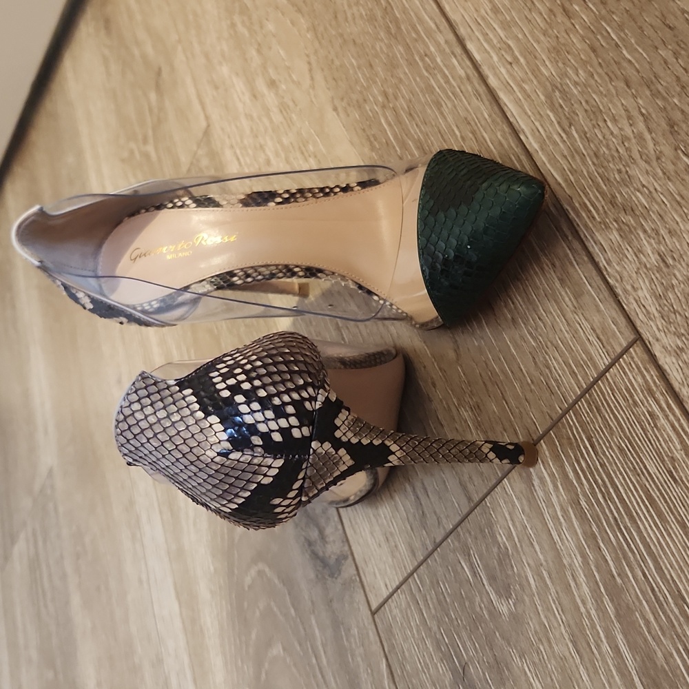 Gianvito Rossi Snake Print Plexi Heels